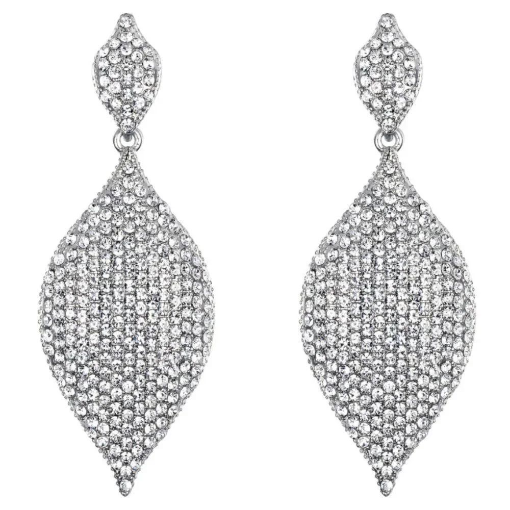 Silver with White Diamond Austrian Crystal Rhombus Leaf Chandelier Post Earrings
